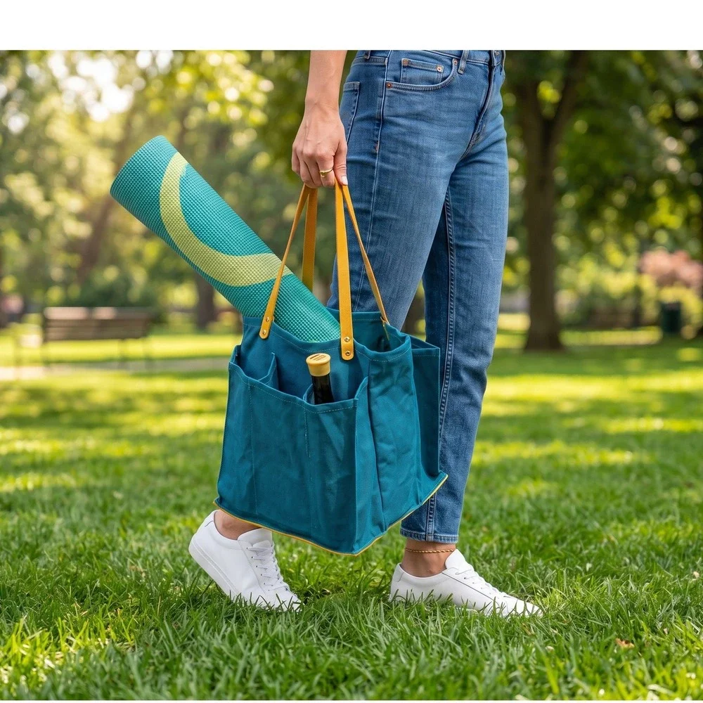 Capa Bunga Petrol Blue Multi-Pocket Canvas Market Tote Bag